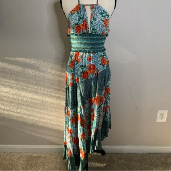 NWT Free People Pleated Halter Sundress in Blue and Orange Midi Dress - Picture 11 of 16
